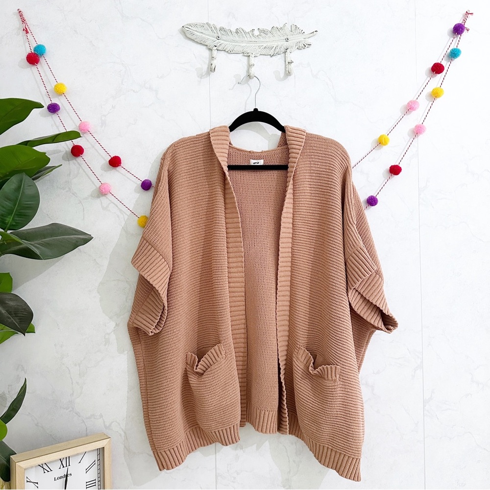 Aerie MEDIUM Hooded Poncho Open Front Slouchy Knit Sweater in Sienna